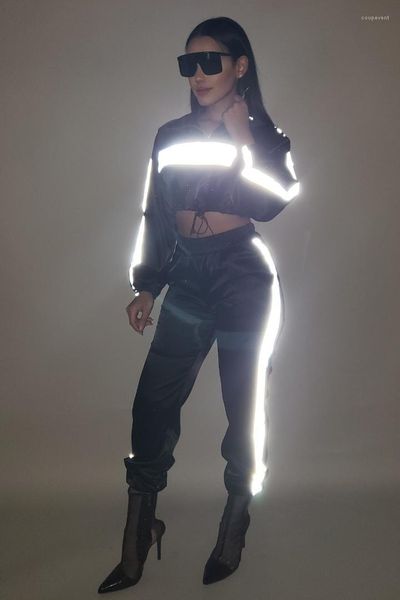 2pcs clothing suits tracksuits spring sports suits women casual 3m reflective designer clothing sets jackets pants, White